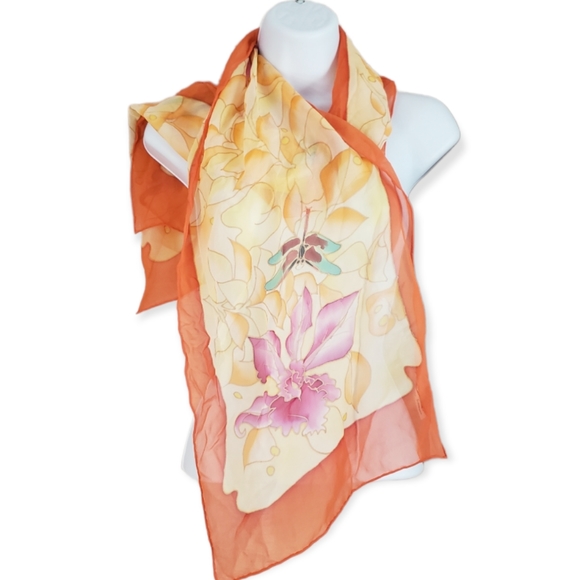 Jenny James Collection Accessories - NWOT Jenny James orange cream purple & blue floral silk scarf